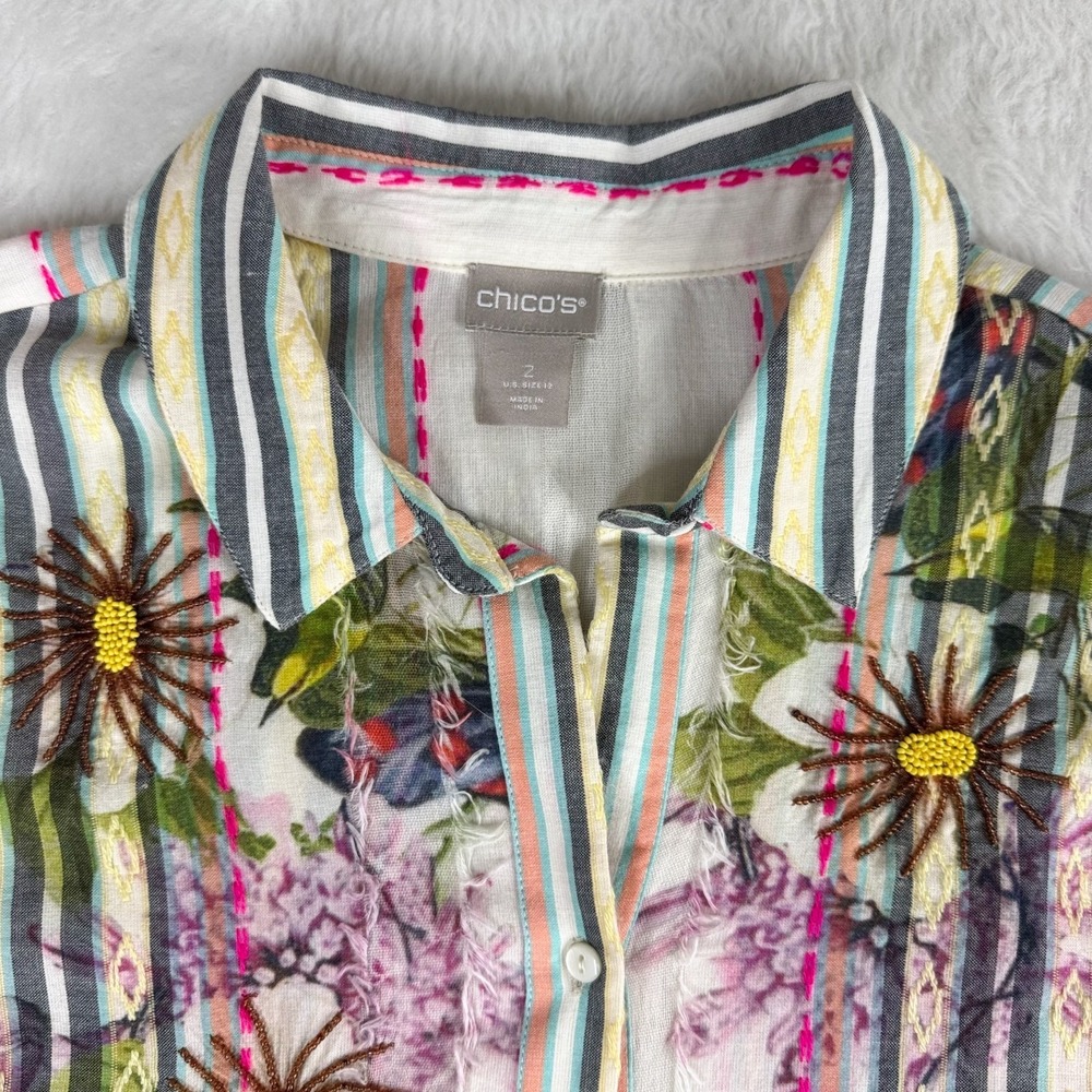 Chico's Shirt Womens 2 US 12 Embroidered Beaded Floral Stripe Boho Fringe Top - Picture 6 of 14